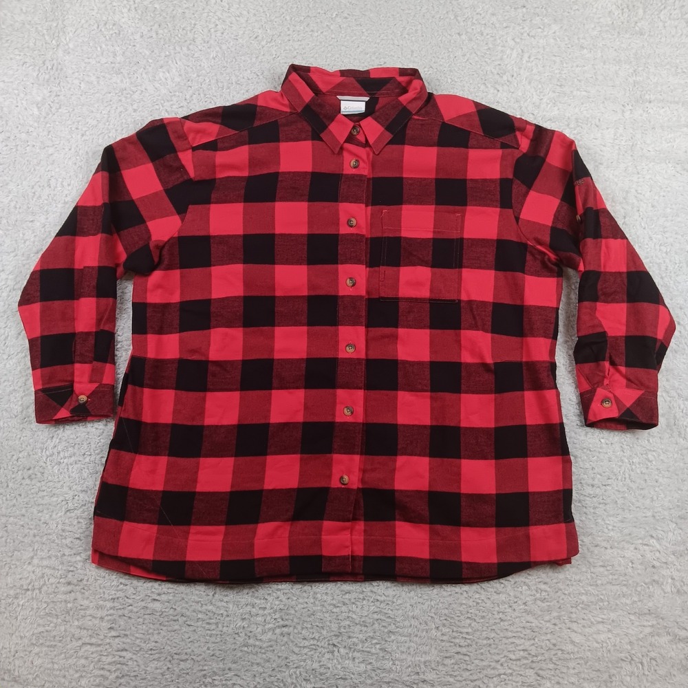 Columbia Flannel Button Down Womens 3X Red Black Buffalo Plaid AW4456